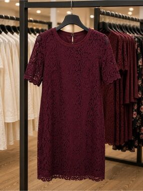 BCBGeneration Burgundy Lace Short-Sleeve Shift Dress